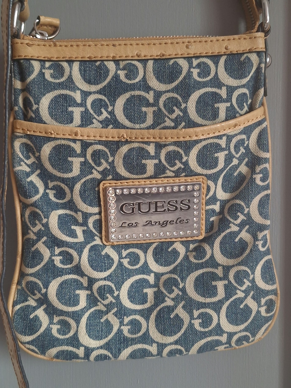 Vintage Y2K Guess Blue Denim Logo Shoulder Bag with Tan Trim